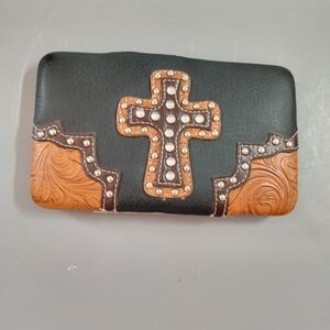 Black and Brown Cross Embellished Wallet Clutch